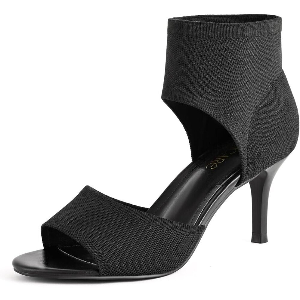 Sicare Peep Toe Heels Black Faux Leather Women Wide Stretchy Knit Heel Sandal